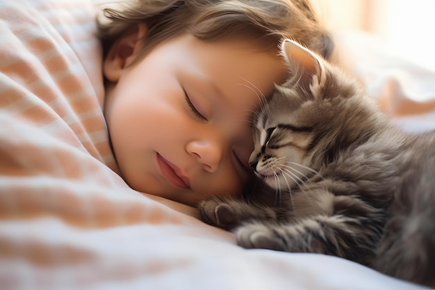 una niña duerme con un gato y una manta