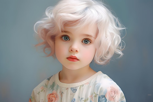 Una niña dulce e inocente con grandes ojos de gamuza y pelo corto de color pastel.