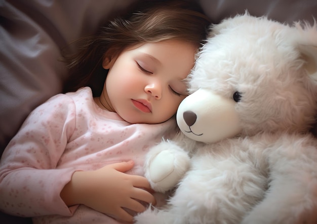 niña durmiendo en la cama abrazando a un oso de peluche