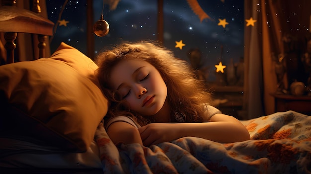 Foto niña durmiendo en la luz de la noche de la cama grande