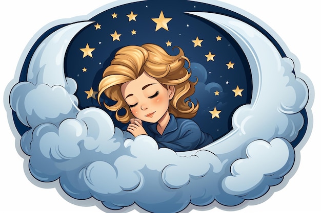 Foto una niña durmiendo en una nube con la luna y las estrellas ilustración
