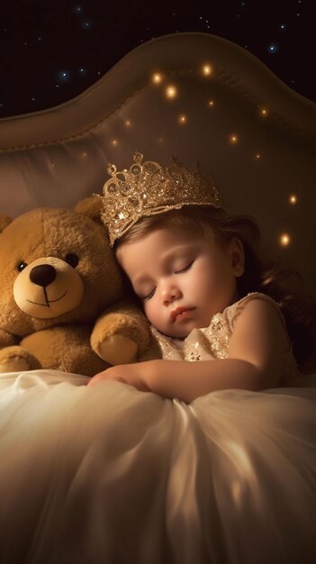 Una niña durmiendo con un osito de peluche.