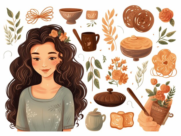 Una niña e ingredientes para hornear elementos de estilo acuarela Harina y azúcar en cuencos aceite y sal Pan y pasteles aislados Ilustración de alimentos