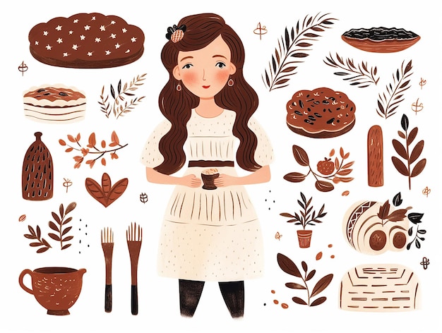 Una niña e ingredientes para hornear elementos de estilo acuarela Harina y azúcar en cuencos aceite y sal Pan y pasteles aislados Ilustración de alimentos