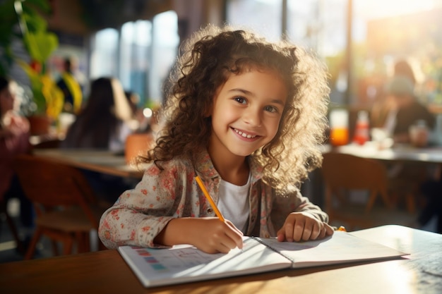 Niña en edad preescolar dibujando en un cuaderno en la mesa en la educación escolar de clase media