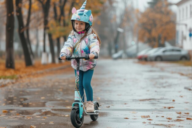 Niña en edad preescolar disfruta de un paseo al aire libre en scooter en el parque