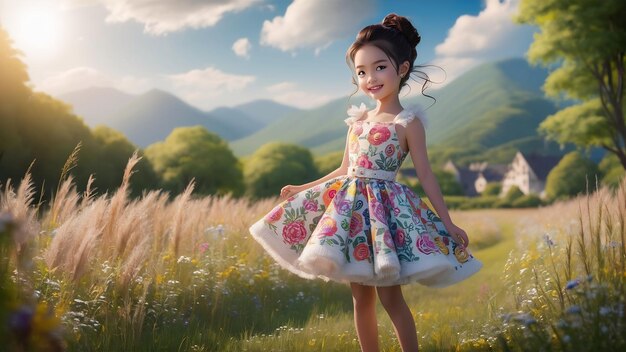 Niña elegante y elegante en un campo de verano