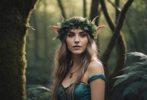 Niña elfa vestida con una capa y con una corona en la cabeza en el bosque elfo de la fantasía del bosque hermosa mujer de fantasía