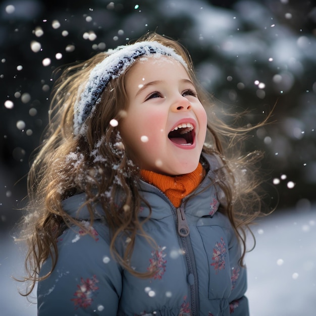 Una niña emocionada atrapando copos de nieve en su lengua