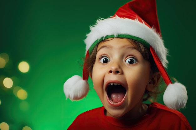 Niña emocionada con grandes ojos en disfraz de Papá Noel con fondo verde brillante