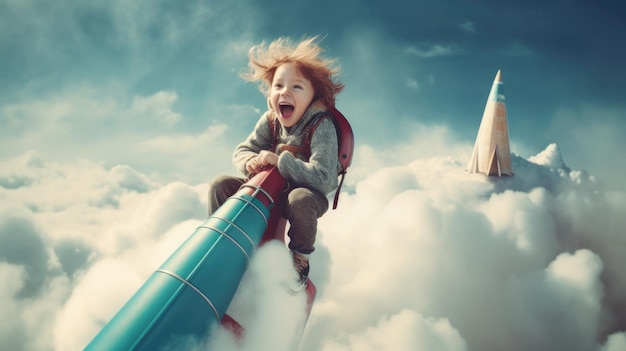 Una niña emocionada volando el cohete por encima de las nubes en el cielo Imagen generativa de IA weber