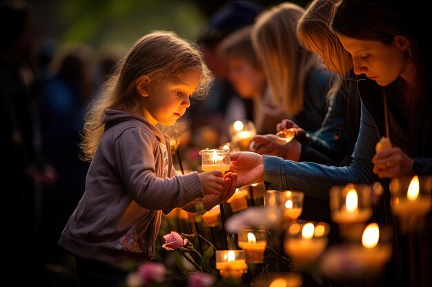 Una niña encendiendo una vela en un parque