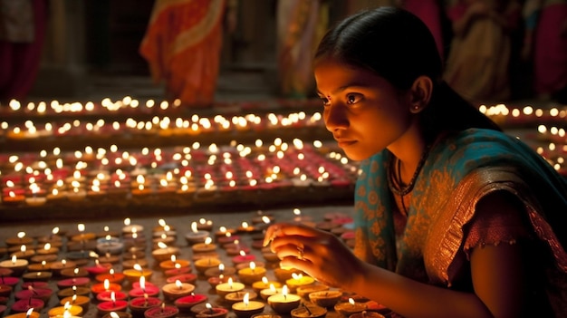 Una niña enciende velas en un templo de la India.