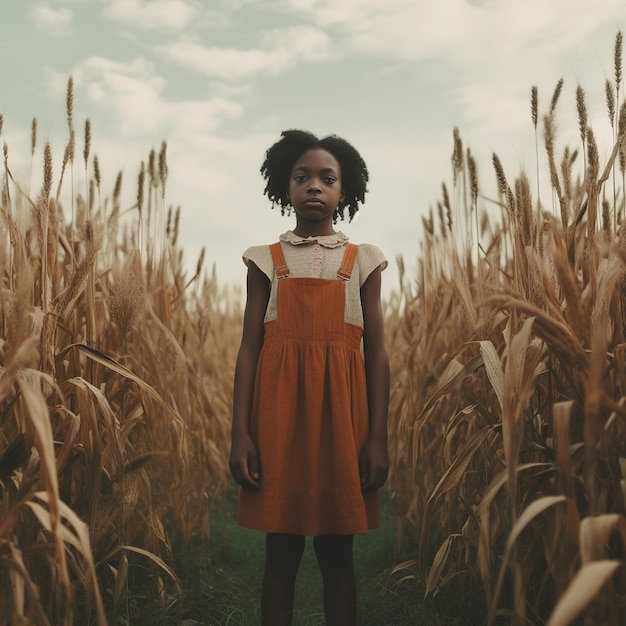 Una niña se encuentra en un campo de maíz.