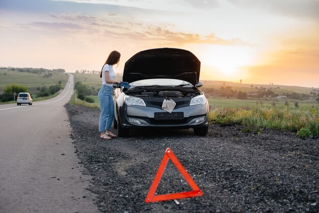 Una niña se encuentra cerca de un automóvil averiado en medio de la carretera durante la puesta de sol e intenta repararlo. Avería y reparación del coche. Solución de problemas del problema.