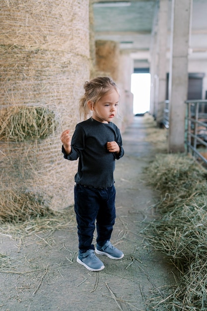 Foto la niña se encuentra cerca de un pajar en una granja y mira el corral