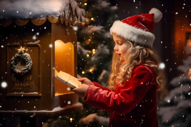 Una niña envía una carta a Papá Noel en el buzón navideño Tradición invernal rodeada de copos de nieve