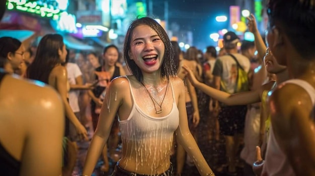 Una niña es rociada con agua en una calle de hoi an, vietnam.