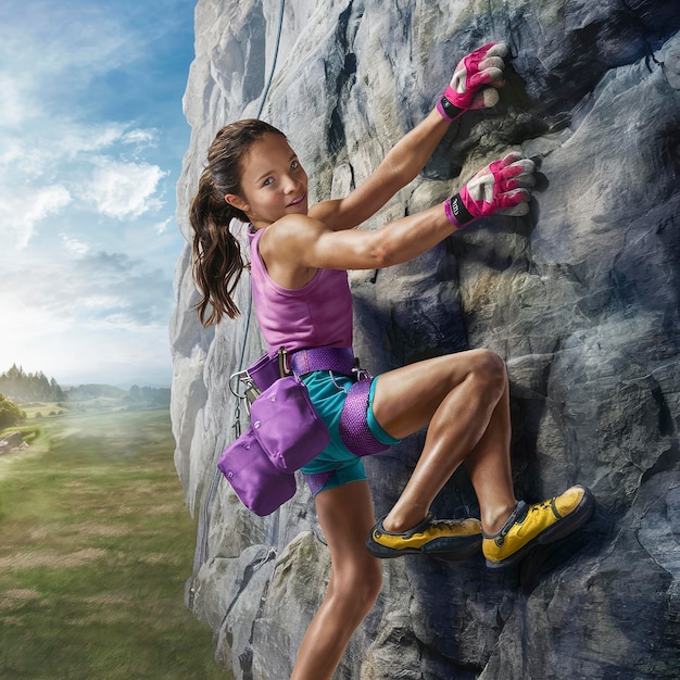 Niña escalando una pared de escalada al aire libre