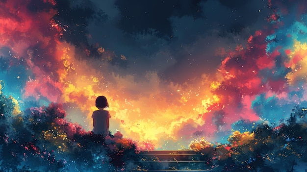 La niña en las escaleras dibuja un arco iris en el cielo mostrando sus emociones de alegría y felicidad en una brillante y tierna ilustración