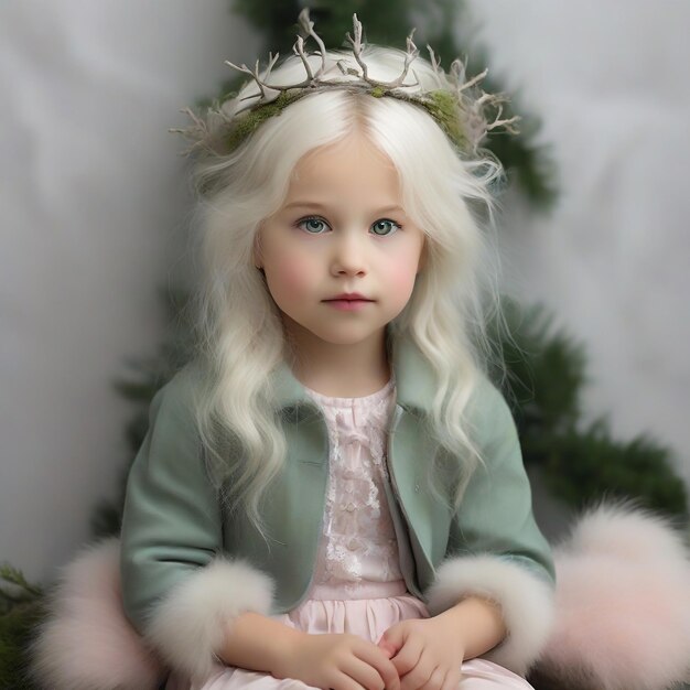 Foto niña escandinava con un fondo suave y soñador de color gris pálido