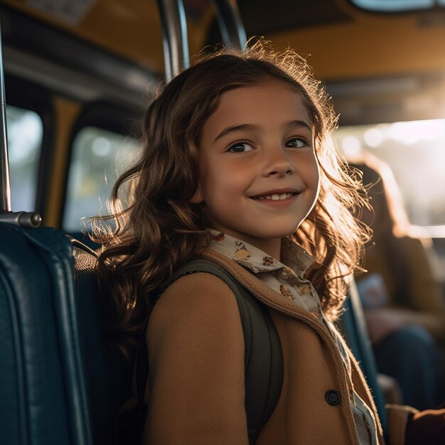 Niña escolar pequeña y autobús IA generativa