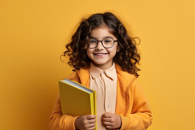 Niña escolar sonriente sobre un fondo amarillo brillante