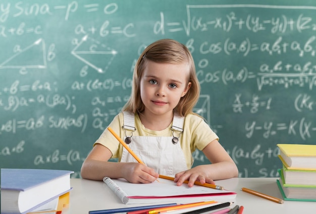 Niña escribiendo algo en el cuaderno y sentada en la mesa