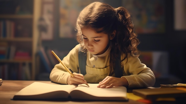 Niña escribiendo algo en el cuaderno y sentada en la mesa