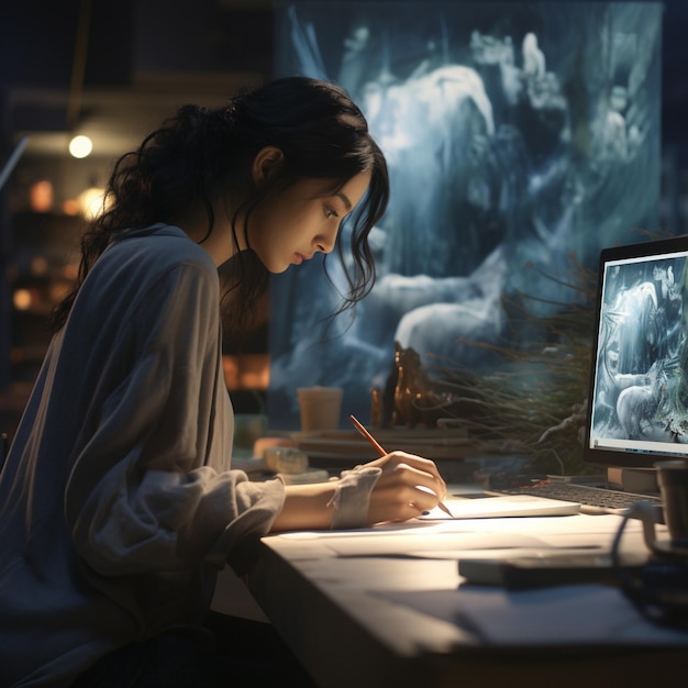 Foto una niña escribiendo en la pantalla de una computadora con un cuadro detrás de ella.