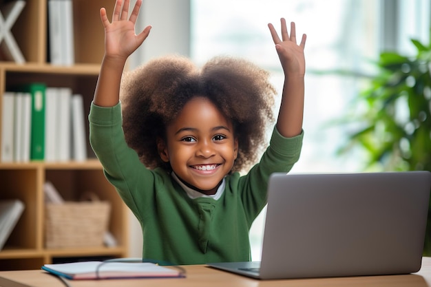 Niña de la escuela afroamericana levantando las manos con entusiasmo durante la educación a distancia en el hogar IA generativa