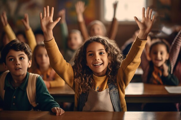 Una niña de la escuela con los brazos levantados frente a un aula de la escuela