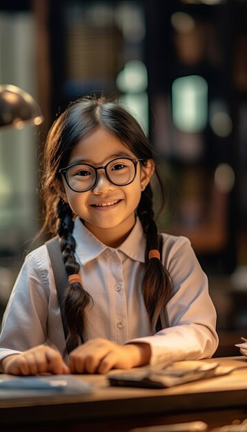 Niña de escuela estudiando en la biblioteca