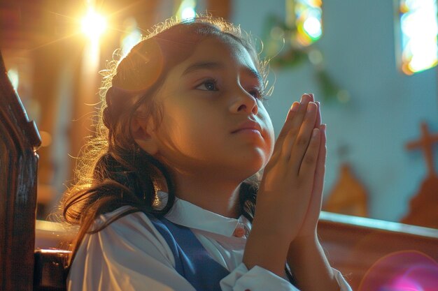 Foto niña de escuela latinoamericana orando en la iglesia efecto cinematográfico