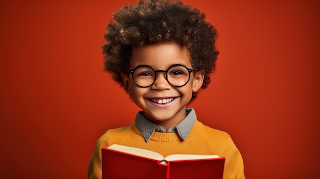 Niña de escuela negra sonriente con gafas sostiene libros en su cabeza amarillo