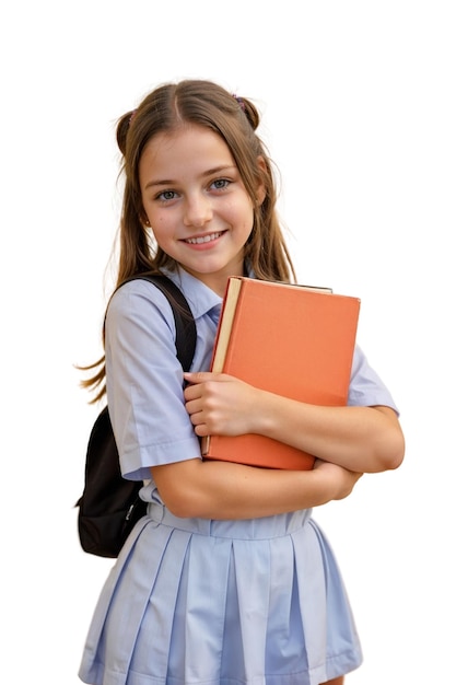 Niña de la escuela de niño feliz con libro aislado sobre fondo blanco