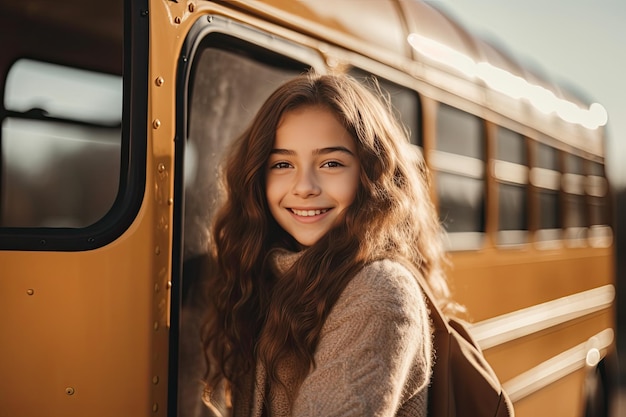 Niña de escuela de pie frente a un autobús escolar