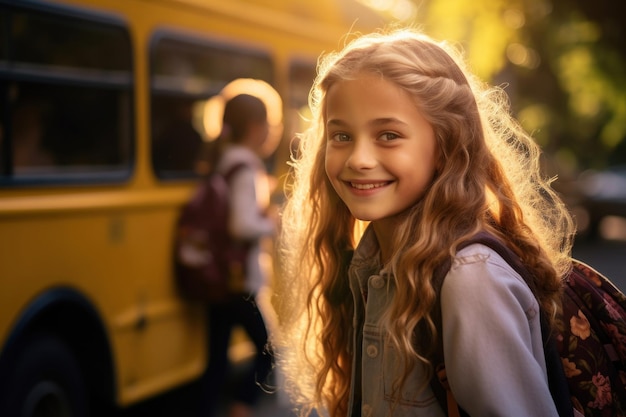 Una niña de escuela primaria se sube a un autobús escolar amarillo la alegría de volver a la escuela persona ficticia