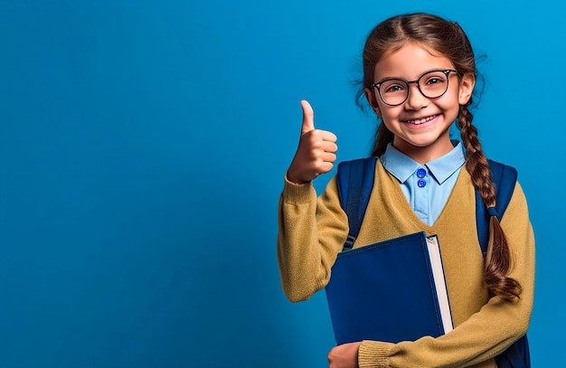 Niña de la escuela sonriente con mochila y libro azul sobre un fondo azul.