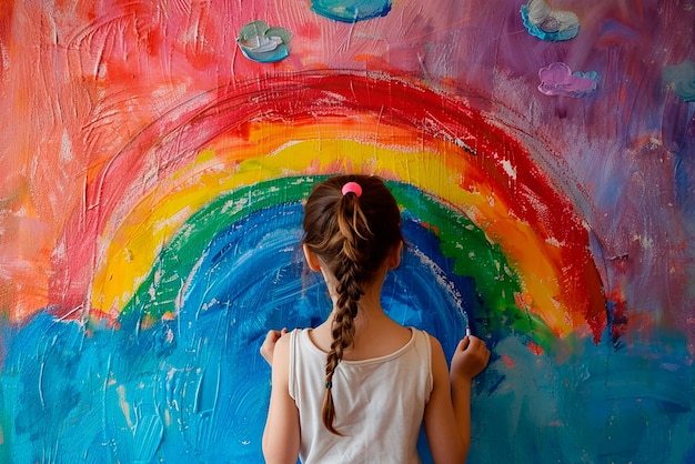 la niña se para con la espalda y dibuja un arco iris y un cielo en la pared