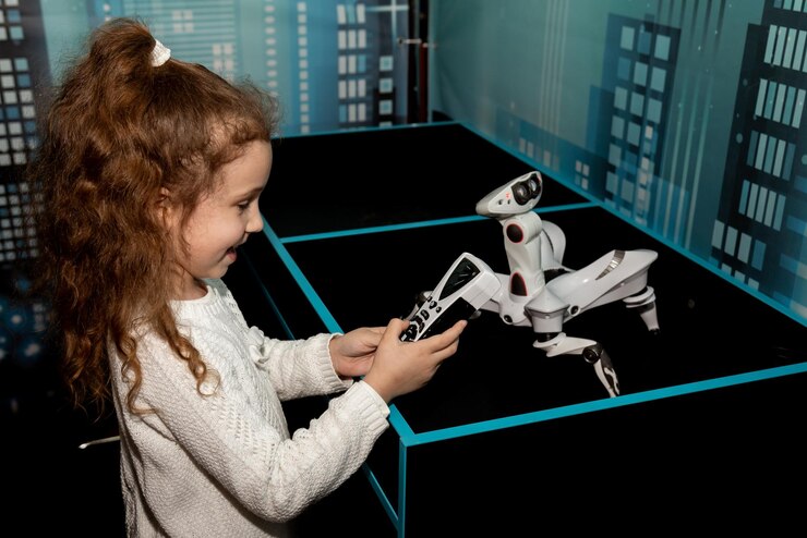 Foto una niña en un espectáculo de robots futuro tecnológico