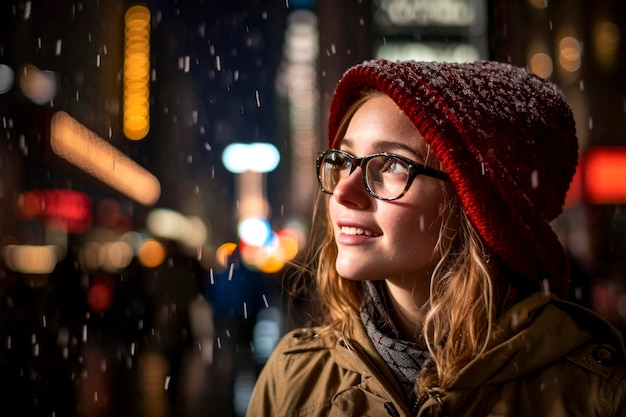 Niña esperanzada paisaje urbano nevado