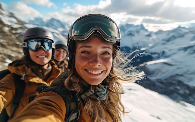 Niña esquiadora con amigos con gafas de esquí y casco de esquí en la montaña de nieve