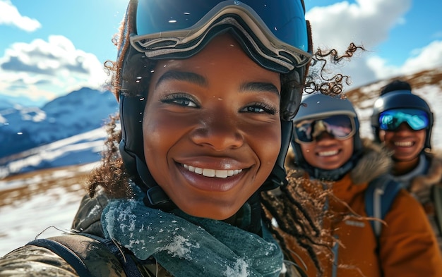 Niña esquiadora con amigos con gafas de esquí y casco de esquí en la montaña de nieve