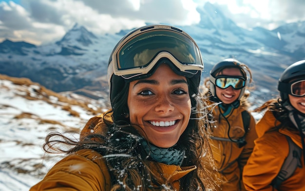 Niña esquiadora con amigos con gafas de esquí y casco de esquí en la montaña de nieve