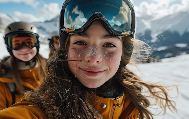 Niña esquiadora con amigos con gafas de esquí y casco de esquí en la montaña de nieve