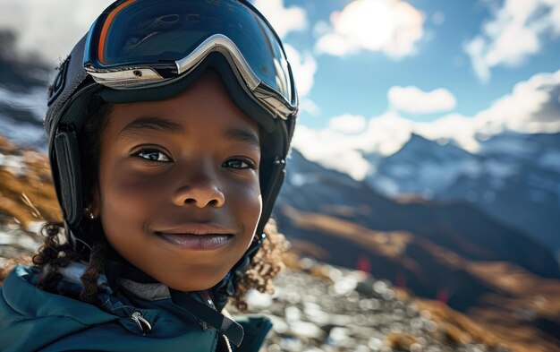 niña esquiadora con gafas de esquí y casco de esquí en la montaña de nieve