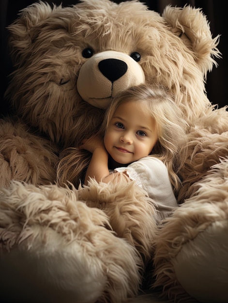 Una niña está abrazando a un oso de peluche grande.