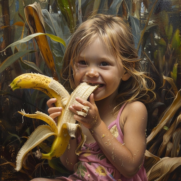 una niña está comiendo un plátano con la palabra en él