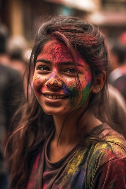 Una niña está cubierta de colores holi.